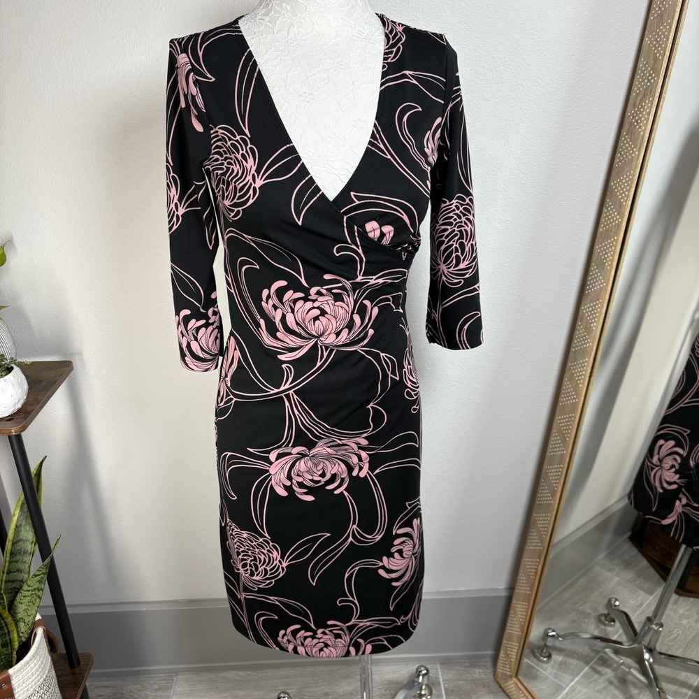 Vintage La Belle Womens M Black Floral Faux Wrap Dress Y2K Coquette Polyester